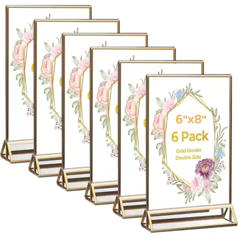 6 Pack Acrylic Sign Holder 6x8 Gold Frames, Wedding Table Number Holders Double Sided Vertical Clear