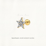 Nora Ana Gold Zircon Star Threaded Stud Flatback Earring Titanium ASTM-F136 Surgical Implant Grade