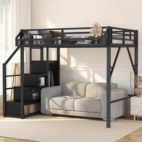 Full Loft Bed Storage Stairs Wardrobe Metal Guardrail Slats Space Saving Kids Teens Black Custom