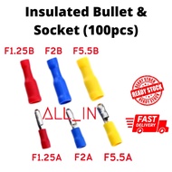Insulated Bullet & Insulated Socket Terminal - 100pcs/pack, Bullet (F1.25A , F2A , F5.5A) / Socket (