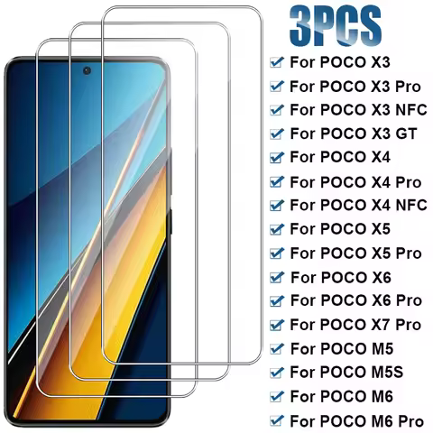 3PCS Tempered Glass For Xiaomi Poco X6 X5 X4 Pro X3 NFC GT 5G Screen Protector For Poco X7 Pro M5 M5
