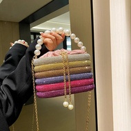 Luxury Diamond Box Bag Handbag Pearls Beaded Handle Evening Clutch Rhinestone Shoulder Crossbody Bag Candy Color Drawstring Bag SYUE
