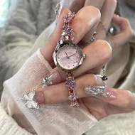 Korean Soft Coquette Purple Star Crystal Bracelet Watch for Women, Pink Shell Dial Rose Gold Dainty 