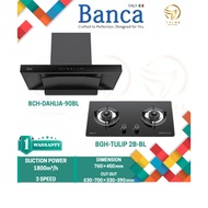 BANCA SLANTED CHIMNEY HOOD BCH-DAHLIA-90BL / BCH-HAZEL DC-90BL + TEMPERED GLASS GAS HOB - BGH-TULIP 