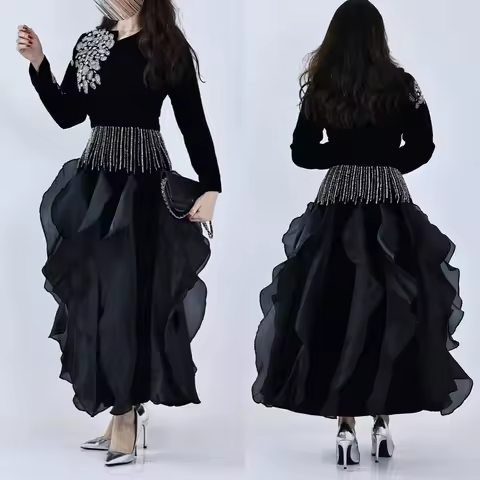 Customized Mesprit Fashion Retro V-neck A-line Rhinestone Sequin Layered S Anke Length Custom Dress