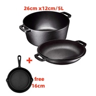 26cm/5L Dutch Oven Pot with Lid Seasoned Cast Iron Camping Stove for Bread Heavy Duty Cast Iron Pot with Frying Pan