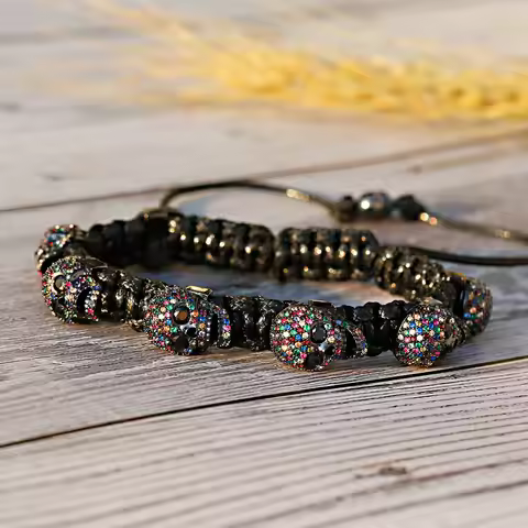 Skull Skeleton Bead Bracelets for Men Pave Cubic Zirconia Jewelry Handmade Rope Woven Craft Bracelet