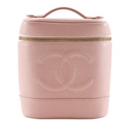二手香奈兒 Coco Mark 化妝包 A01998，魚子醬皮，粉紅色，拉鍊，COCO 標誌，女士