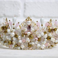 Pink crown Beaded bridal tiara Rose gold royal diadem Wedding handmade crown