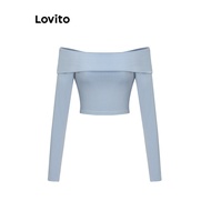 Lovito Casual Plain Flip-Up Off Shoulder T-Shirt for Women L61AD042 (Blue) Lovito Kaos Bahu Terbuka 