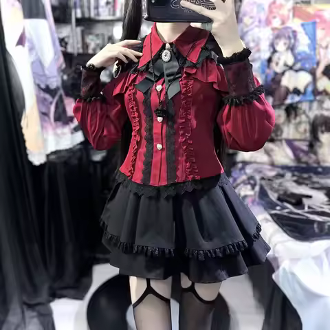 Dark Sweet Heart Ground Type Lolita Set, Ruffle Sleeve Top & A-line Skirt, Cute Kawaii Japanese Styl