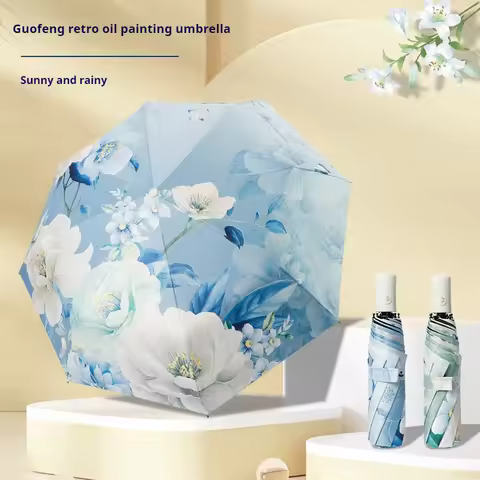 Triple Fold Umbrella Black Glue Chinese Style Peony Sun Protection Umbrella Anti UV Clear Umbrella S