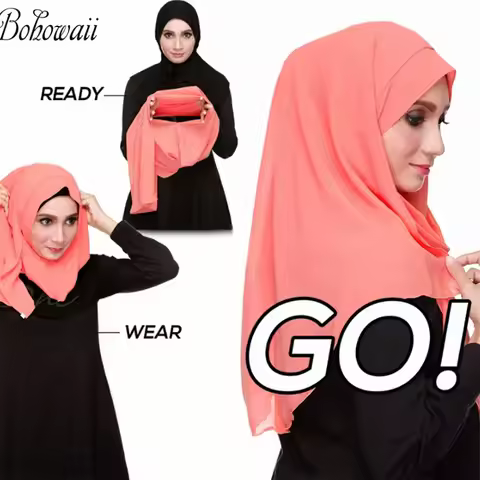 BOHOWAII Ramadan Chiffon Head Scarf Instant Muslim Hijab Shawl Jilbab Ready to Wear Islamic Bonnet F