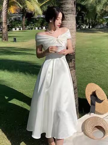 Silk Satin Birthday Dr Long Skirt One oulder Strapl Fairy Princ Gown Polyester High Waist Formal Eve