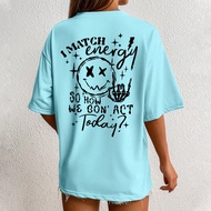 เสื้อยืดแขนสั้นการ์ตูนพิมพ์แบบง่ายๆ คอกลม ไซส์มาตรฐาน, เสื้อยืดพิมพ์ลวดลายหญิง "I MATCH Energy SO HO
