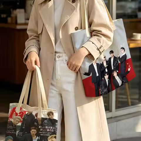 Popular I-Ikon Kpop Band Design Tote Bag Vibrant Printed Reusable Grocery Bags Spacious Shoulder Han