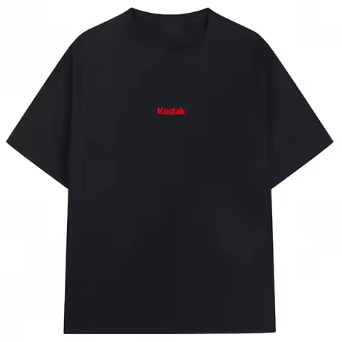 Black Kodak Basic Red Center Logo Graphic Tee, Simple White-on-Black Brand Print, Cotton Crewneck fo