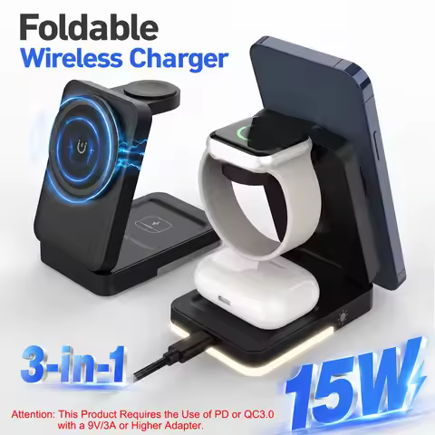3-in-1 Foldable Wireless Charger 15W Magnetic Induction Charger Portable Travel Fast Charging Statio