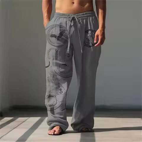 New Men's Relaxed-Fit Casual Pants 3D Line Print Fashion Drawstring Wide-Leg Pants Loose-Fit Breatha