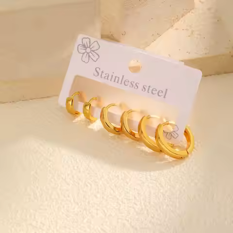 Vnox Stainless Steel Hoop Earrings Set For Women,3 Pair A Set Smooth Gold Plated Fashion Jewelry,Ear