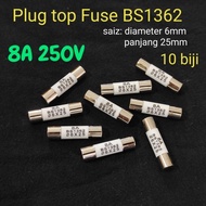10 biji 8A 250v BS1362 plug top Fuse