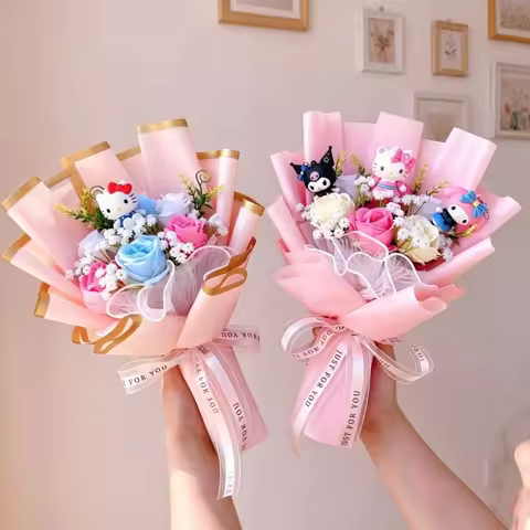 Genuine Sanrio Characters Hello Kitty Kulomi Melody With Artificial Flower Creative Bouquet Christma