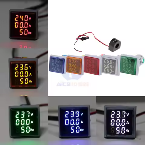 22mm Square Digital LED Voltmeter Ammeter Hertz Meter AC 50-380V 0-100A 20-75Hz Current Voltage Freq