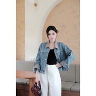 Women's blue jeans with turn-down collar and unique wrist stripes Aokhoacbo8068_P7K6