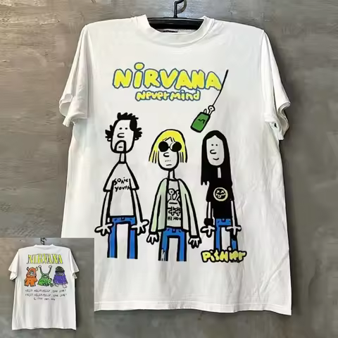 rock band Nirvana Print Men's 100%Cotton shirt Y2k hiphop style Graphic Tshirt Unisex O-neck Short S
