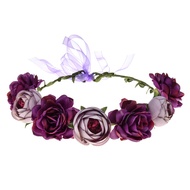 June Bloomy Women Rose Floral Crown Hair Wreath Leave Flower Headband with Adjustable Ribbon (Purple