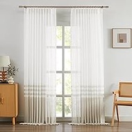 WEST LAKE Tan White Pinch Pleated Sheer Curtains 90 Inches Length,Color Block Rustic Drapes for Bedr