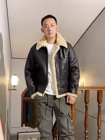 Retro Shearling B3 Bomber Jacket for Men - Thickened Suede Lambskin Leather Coat