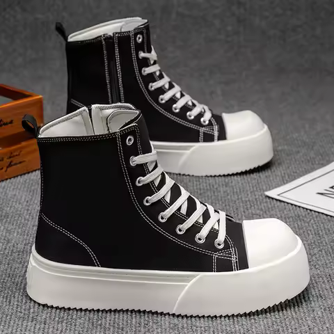 Classic Black Men Canvas Shoe Size 46 Casual High Top Men Sneaker Quality Ankle Boot Fashion Zipper