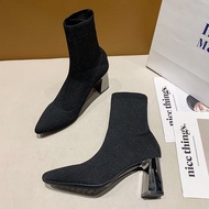 ZA1 High Heel Ankle Boots Socks Boots Women Shoes Thick Heel Pointed Socks Boots Elastic Boots Mid R