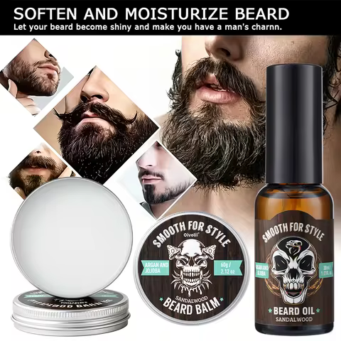 Sandalwood Beard Care Set: Oil & Balm with Argan Oil. Strengthens, hydrates, softens, adds luster. S