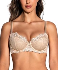 Women's Lace Bra Plus Size Underwire Embroidered Unlined Bra See Through Non Padded (Beige,42H)