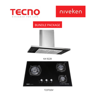 (HOOD + HOB) TECNO KA 9228 / KA9228 Chimney Cooker Hood with Decorative LED Lights + Tecno T 23TGSV / T23TGSV 3-Burner Glass Cooker Hob with Inferno Wok Burner Technology