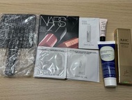 (兩圖) NARS mirror, lipstick, moisturizer, lotion, serum, primer. KORRES mask, AHC eye cream, Melvita 