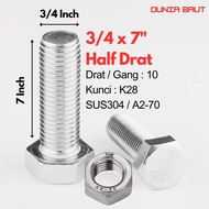 Stainless Hex Bolt 3/4 X 7 - Hexagon Bolt 3/4X7 SS304 / SUS304 / A2-70 Half Thread