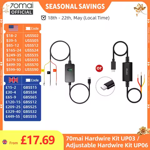 70mai Adjustable Hardwire Kit UP06, 70mai Hardwire Kit UP03, Type-C Interface 24H Parking Surveillan