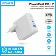 ANKER Wall Charger PowerPort PD+ 2 35W Dual Port Usb + Type C Fast Charging Adapter 20W + 15W Power 