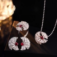 Premium Full Diamond Red Diamond Flower Necklace Earrings Ring Set Exquisite Camellia Gemstone Neckl