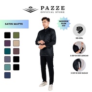 Pazze Baju Melayu Satin Matte Modern Slim Fit - Dark Purple Emerald Green Smokey Grey Navy Blue Blac