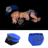 Newborn Photography Outfit Baby PD Police Costume Suit Handmade Knitted Photo Props Photo Studio Ses