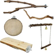 5PCS Natural Wood Bird Stand 2 Wooden Platform 1 Bird Swing 1 Grape Stick Paw Grinding Fork 1 Azalea
