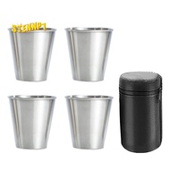 Stainless Steel Shot Cups, Set of 4 Cups, Metal Shot Glasses, Stackable, Hip Flask Small with Leathe