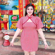 Dress Balloon Sleeves Plaid Pattern Suitable For Going Out Merit-Making Chinese New Year Amai Aje Gi