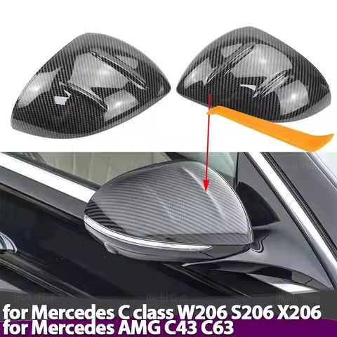 Carbon Fiber Pattern Black Rearview Mirror Cover Replacement for Mercedes-Benz C-Class C Class W206 