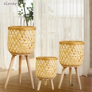 ELMER Bamboo Woven Flower Pot, Handmade With Stand Plant Flower Display Storage Stand, Display Storage Stand Stool With Legs Straw Woven Straw Woven Flowers Pot Plant Shelf