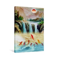 Abstract Nine Koi Fish Lotus Waterfall Landscape Canvas Oil Painting Poster Feng Shui Wall Art Paint